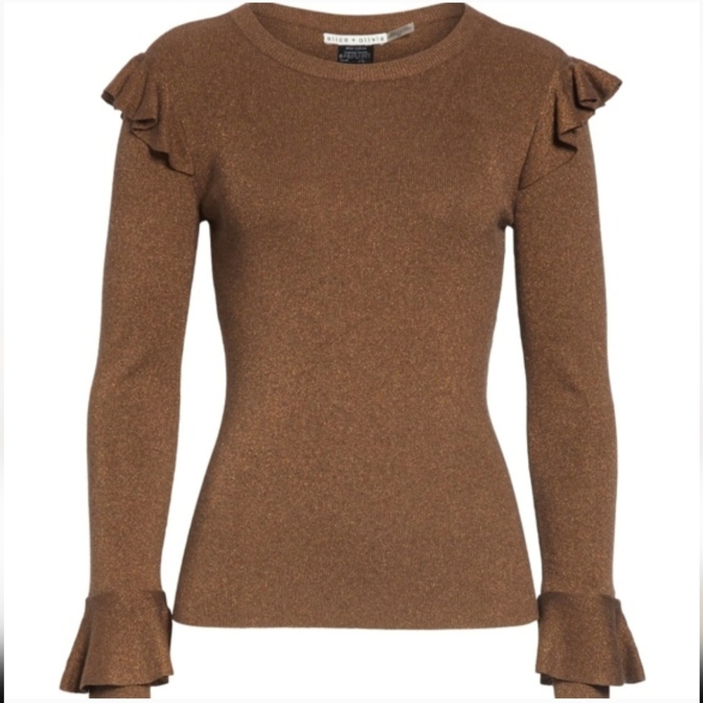ALICE & OLIVIA Metallic Sweater XS Ruffle Shoulder+Cuff Knit Pullover Top